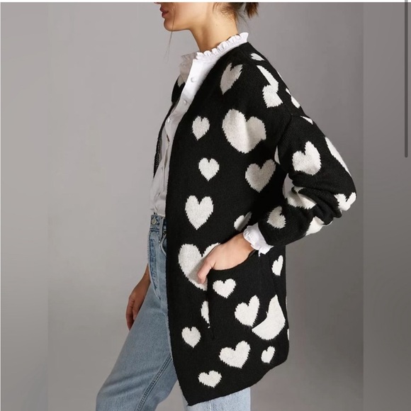 Anthropologie Maeve Halley Hearts Cardigan In Black/White | Size M/L oversized - Picture 2 of 16